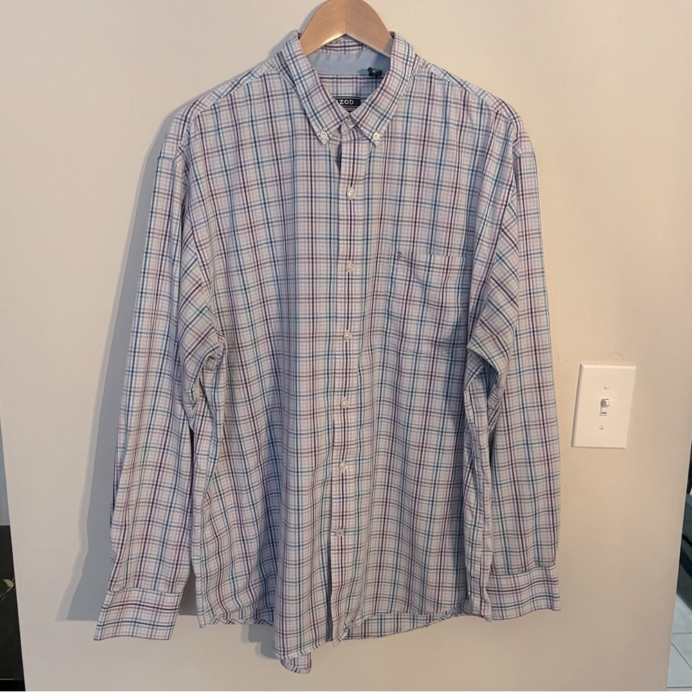 Izod Stretch Purple Plaid Button Up Shirt, Sz XL